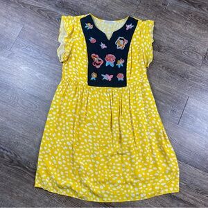 Kirundo Mini Dress Women M Yellow Polka Dots Roses Embroidery Viscose Lined